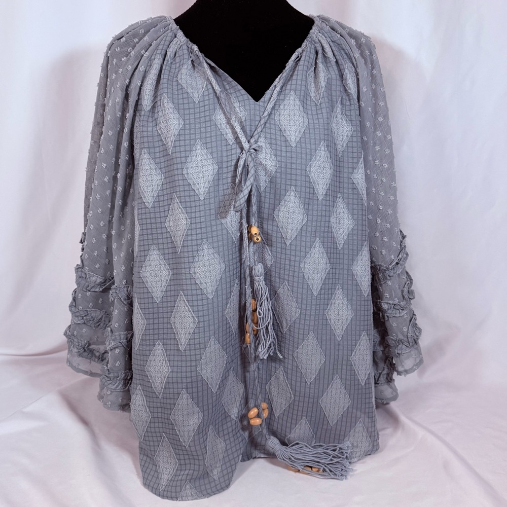 Miss Me Light Gray/Blue Boho Tie-Front Peasant Top